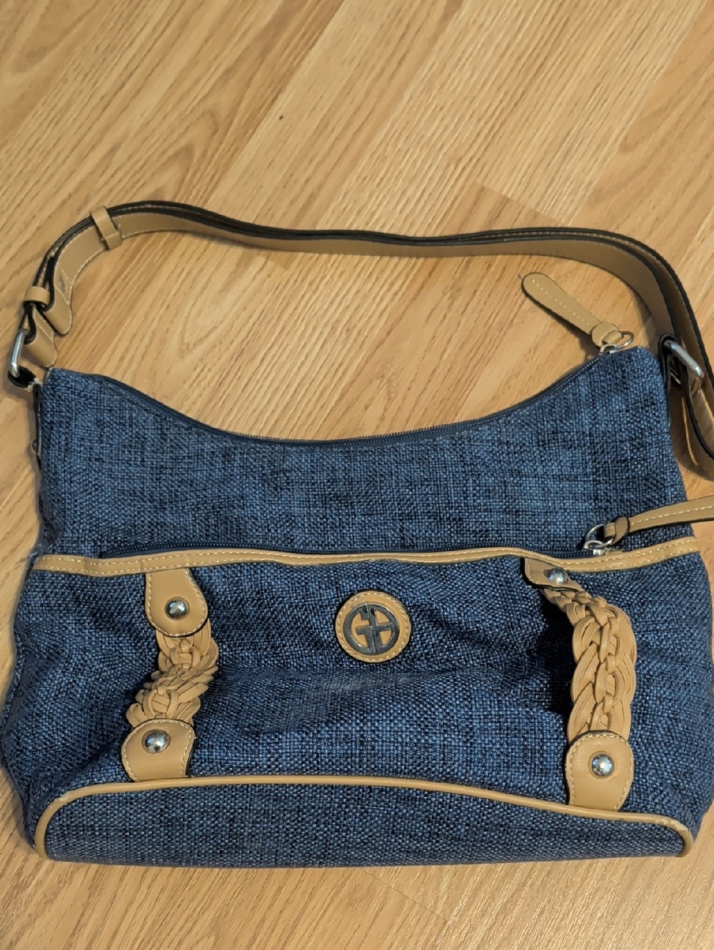 Giani Bernini Navy Woven Shoulder Bag with Tan Trim